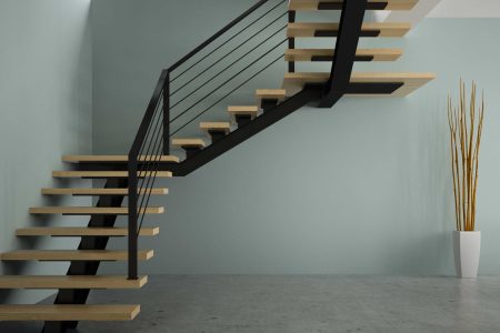 Escalier suspendu en métal et bois avec garde-corps